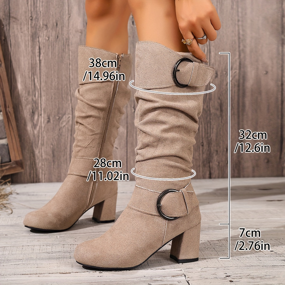 Boots femme hautes à talon bloc et double boucle