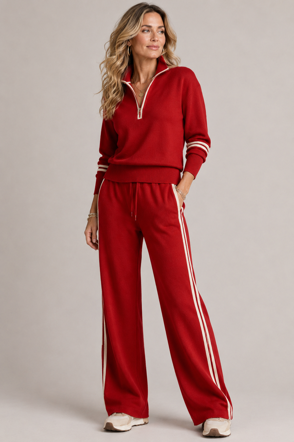 Ensemble femme en maille pull col zippé et pantalon large – Rouge