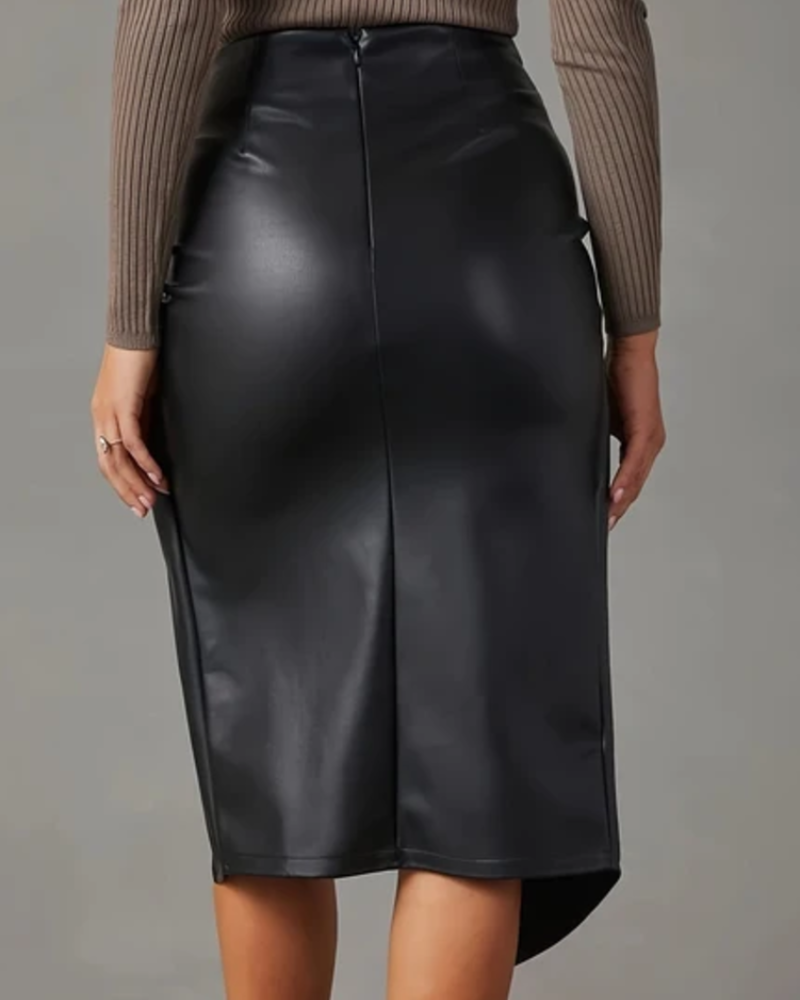 Jupe simili cuir femme mi-longue drapée et asymétrique