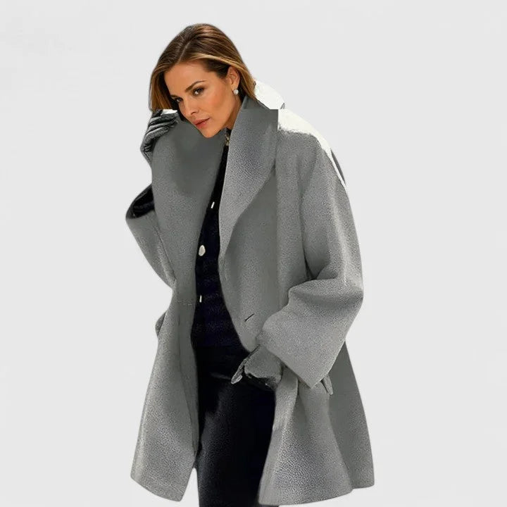 Manteau femme aspect laine à col châle boutonné – Gris