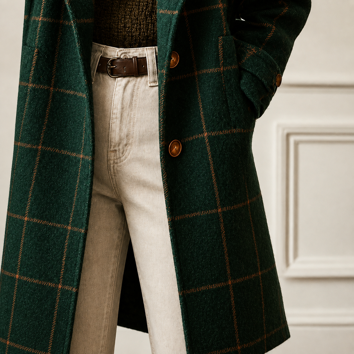 Manteau long femme à carreaux vert foncé boutonné