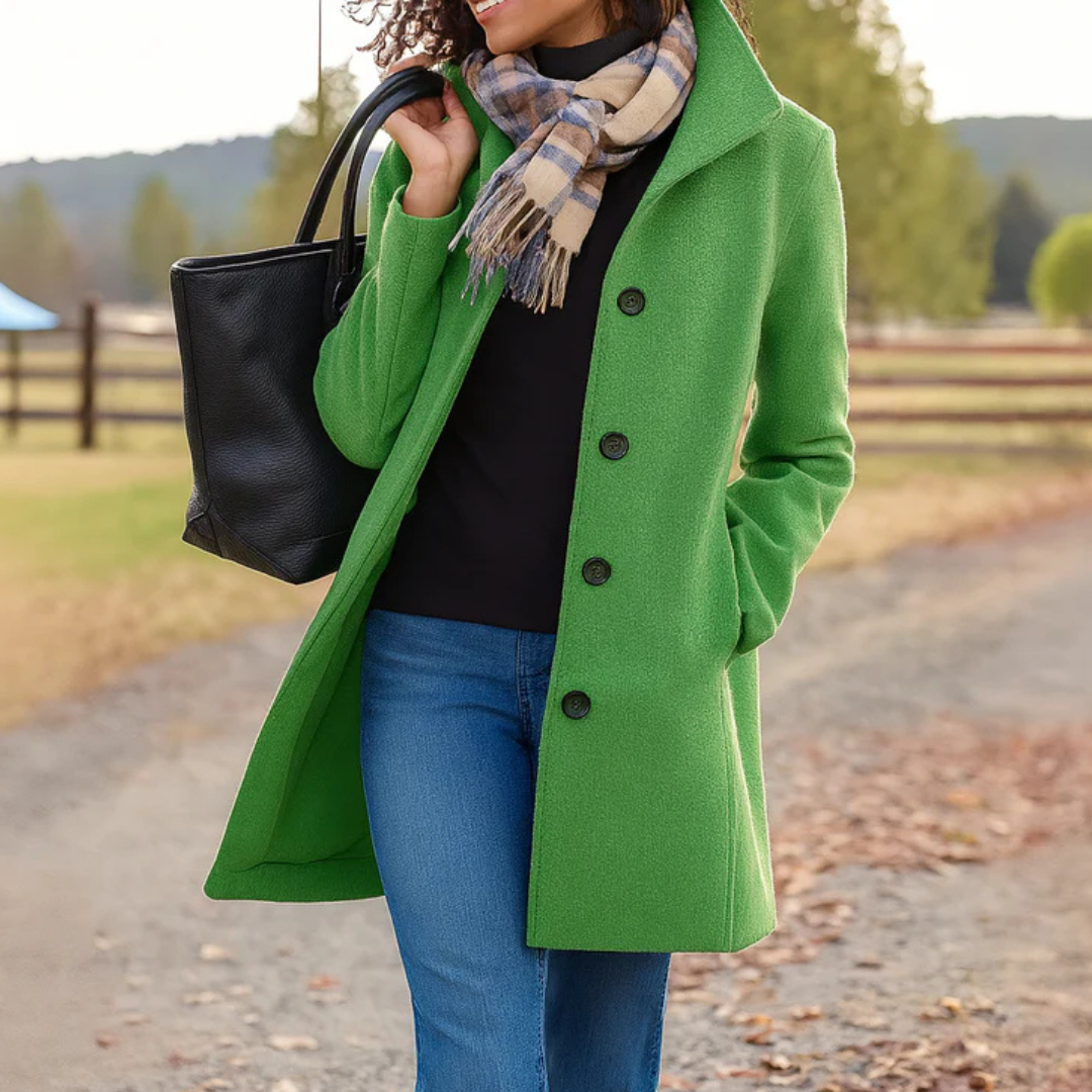 Manteau long femme droit à col montant boutonné – Vert clair