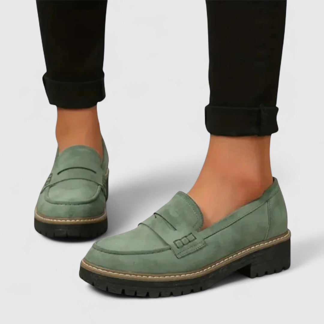 Mocassins femme à plateforme et semelle crantée, bride penny – Vert