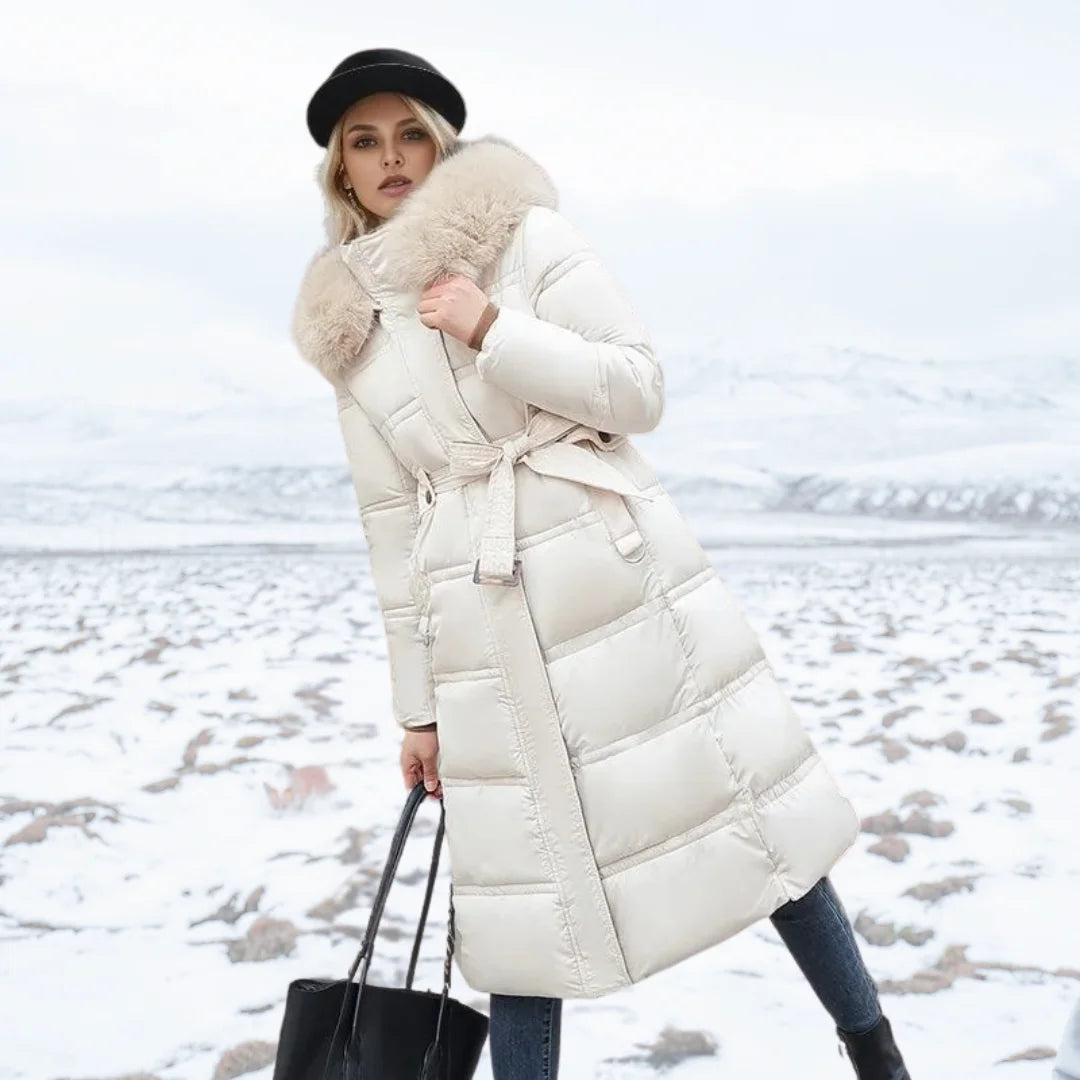 Parka femme à capuche bordée de fausse fourrure – Blanc et beige