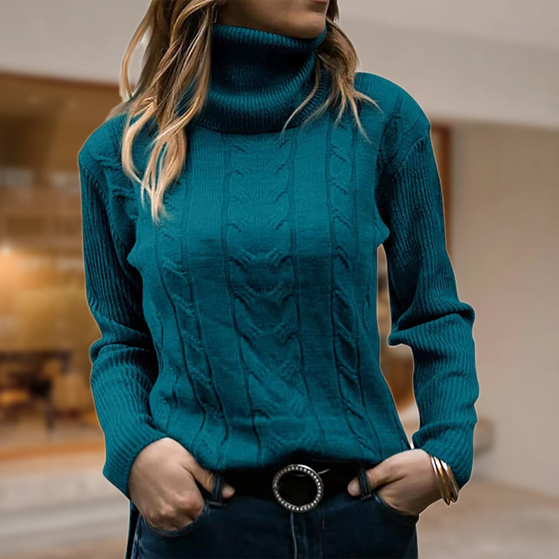 Pull col roulé femme à torsades et larges bords côtelés – Turquoise