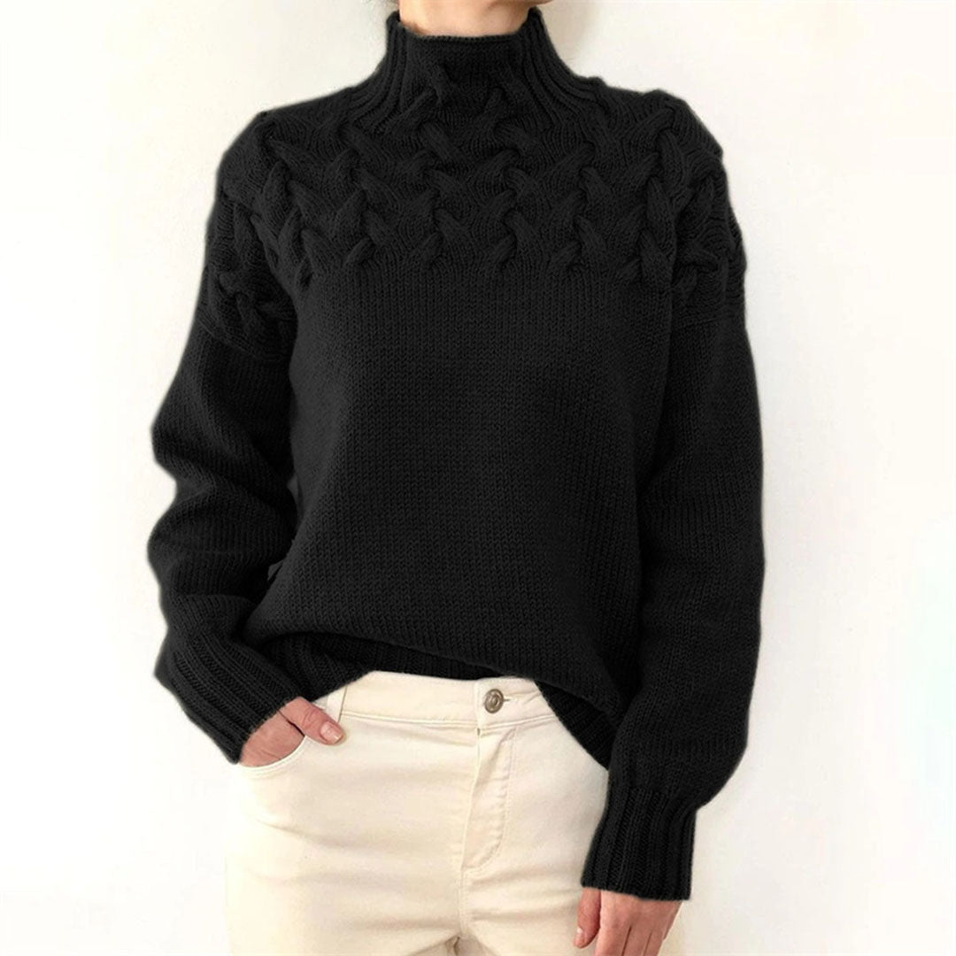 Pull col roulé femme oversize à torsades délicates – Noir