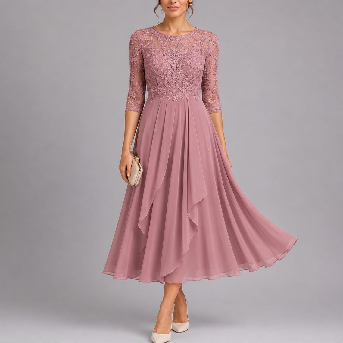 Robe invitée mariage en dentelle brodée mi-longue – Rose