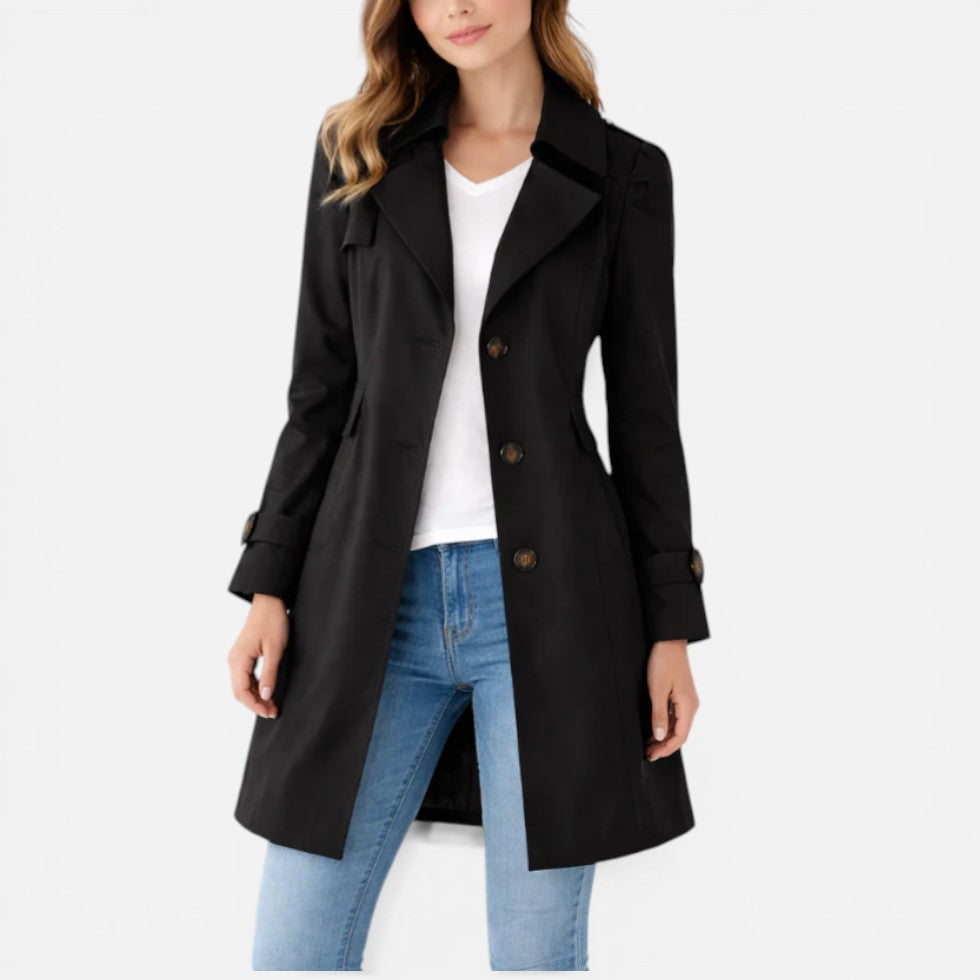 Trench femme classique boutonné longueur genou – Noir brillant