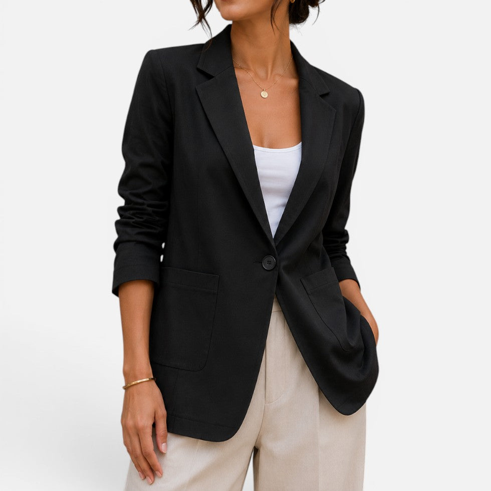 Blazer femme ajusté à un bouton coupe tailleur – Noir brillant