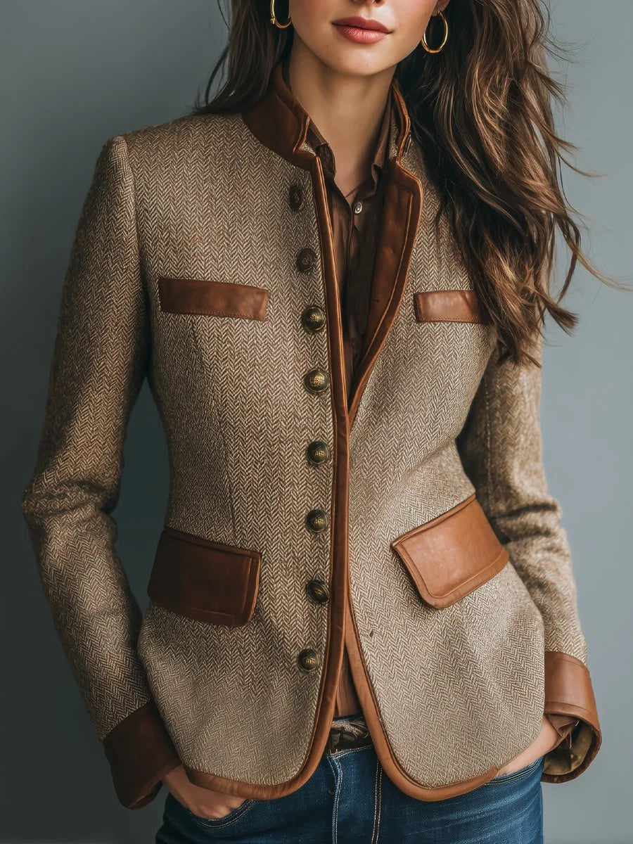 Blouson femme aspect tweed à chevrons et finitions simili cuir – Marron
