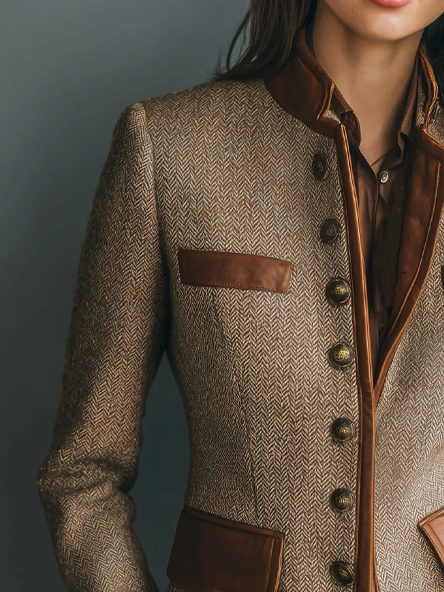 Blouson femme aspect tweed à chevrons et finitions simili cuir