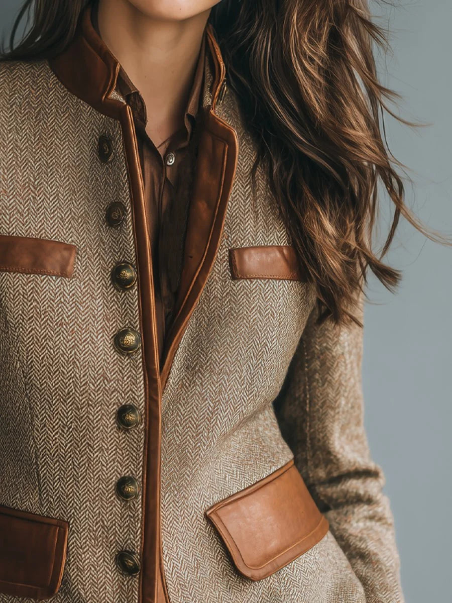 Blouson femme aspect tweed à chevrons et finitions simili cuir