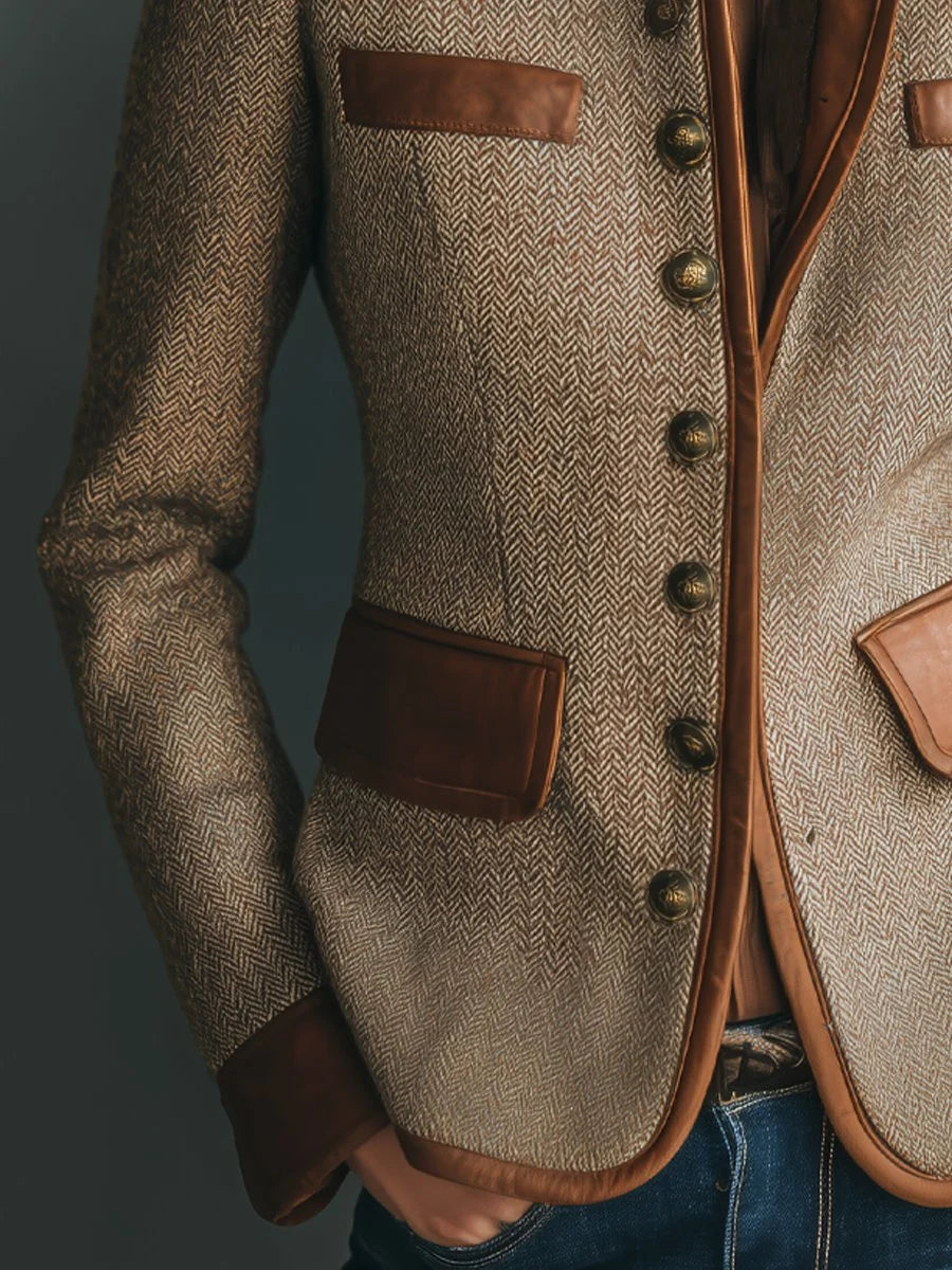 Blouson femme aspect tweed à chevrons et finitions simili cuir