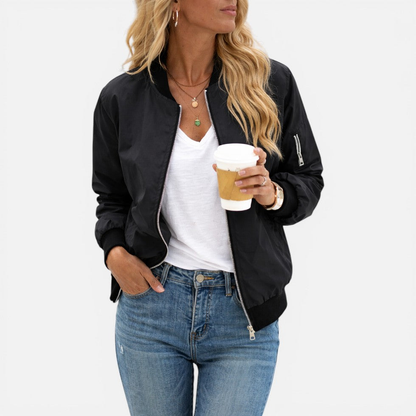 Bomber femme léger zippé à poignets côtelés – Noir brillant