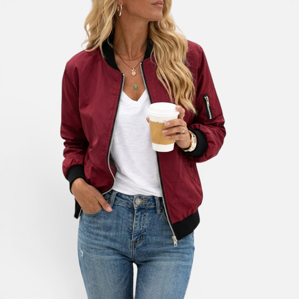 Bomber femme léger zippé à poignets côtelés – Rouge orangé