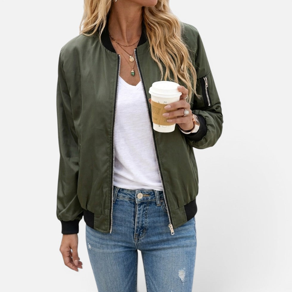 Bomber femme léger zippé à poignets côtelés – Vert