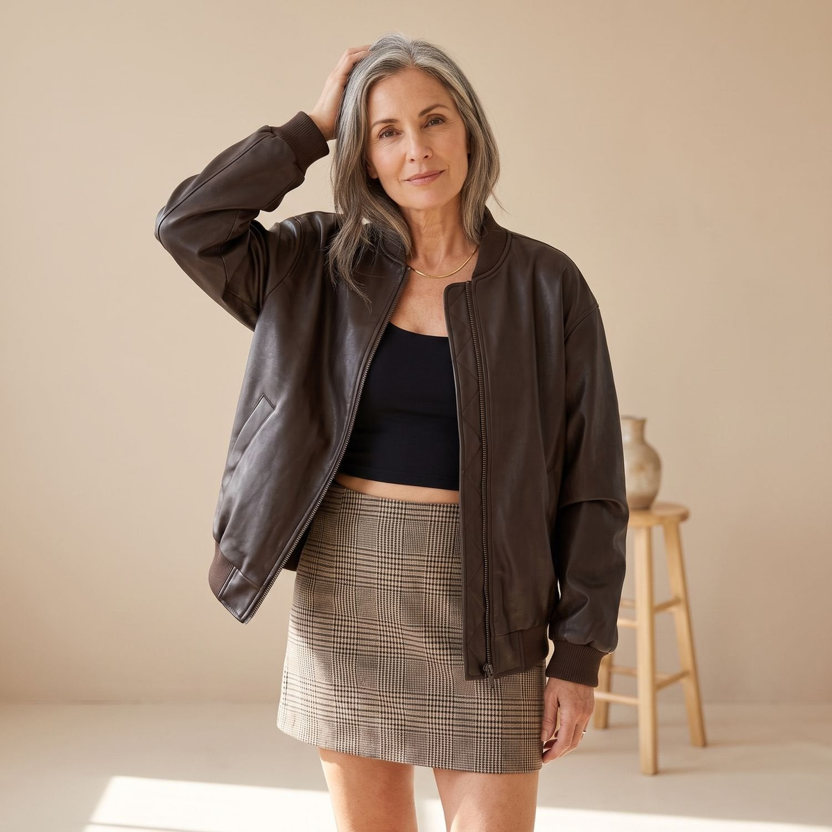 Bomber femme oversize en simili cuir avec doublure douce – Marron