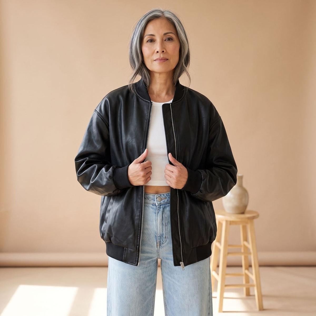 Bomber femme oversize en simili cuir avec doublure douce – Noir