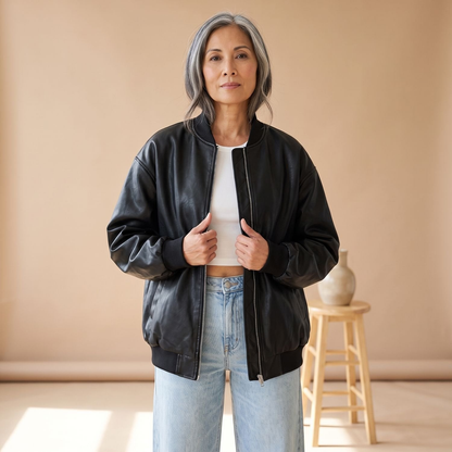 Bomber femme oversize en simili cuir avec doublure douce – Noir