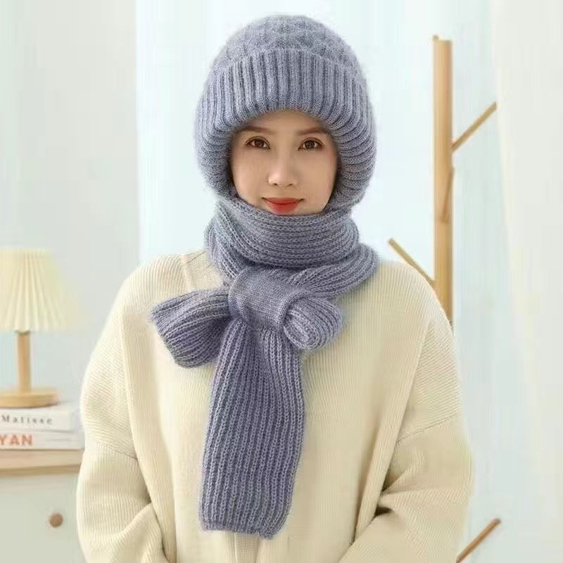 Bonnet femme à écharpe intégrée et doublure douce – Gris