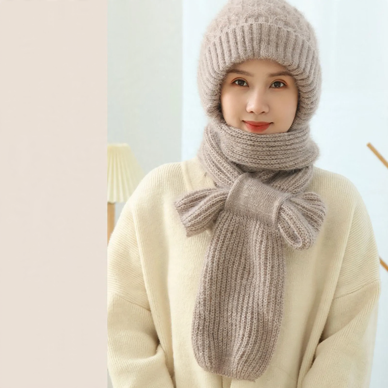 Bonnet femme à écharpe intégrée et doublure douce – Avoine