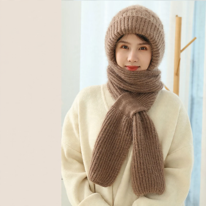 Bonnet femme à écharpe intégrée et doublure douce – Kaki