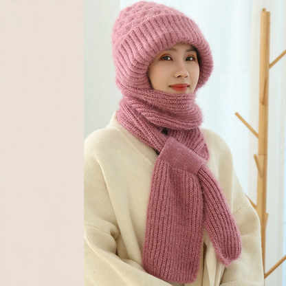Bonnet femme à écharpe intégrée et doublure douce – Rose lotus