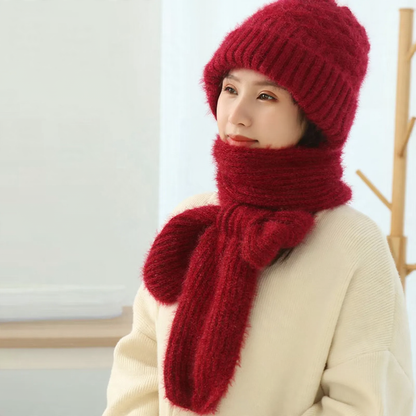 Bonnet femme à écharpe intégrée et doublure douce – Rouge foncé
