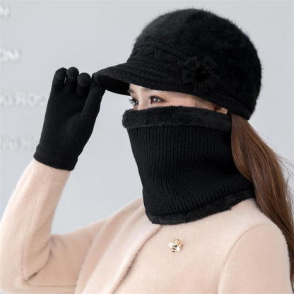 Bonnet femme en maille couvrant à porter seul ou en set – Noir