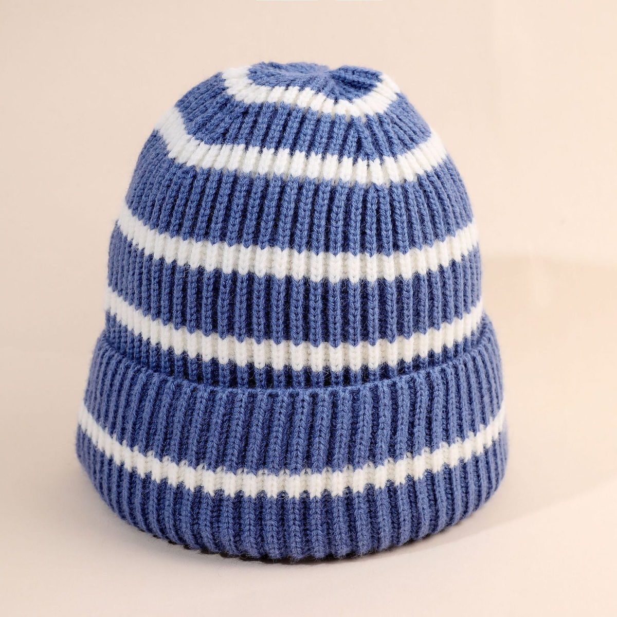 Bonnet femme rayé style beanie à doublure douce – Gris bleu