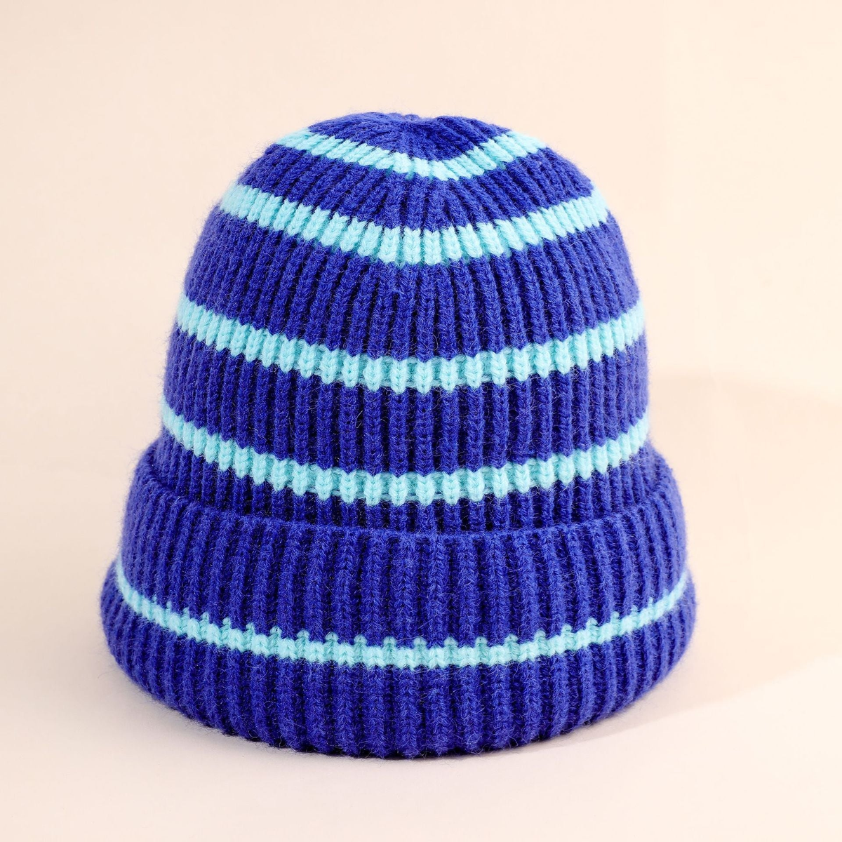 Bonnet femme rayé style beanie à doublure douce – Bleu