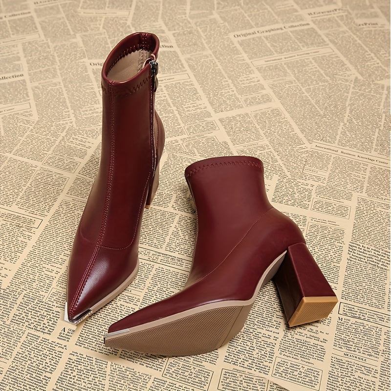 Boots femme à bout pointu, talon bloc et zip latéral – Rouge brique