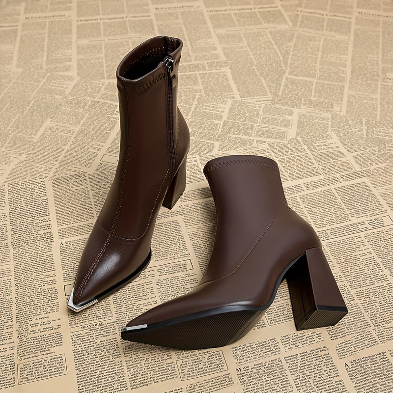 Boots femme à bout pointu, talon bloc et zip latéral – Bordeaux