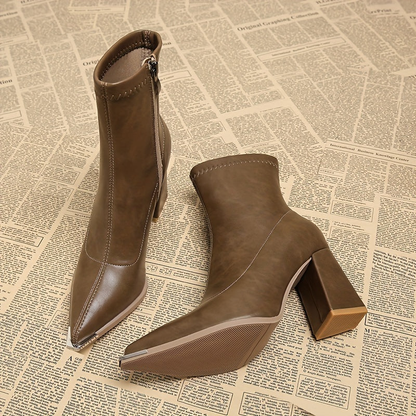 Boots femme à bout pointu, talon bloc et zip latéral – Kaki