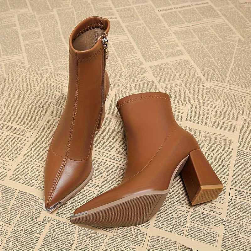 Boots femme à bout pointu, talon bloc et zip latéral – Rouille