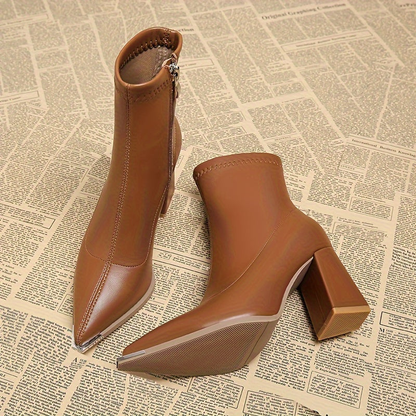 Boots femme à bout pointu, talon bloc et zip latéral – Rouille