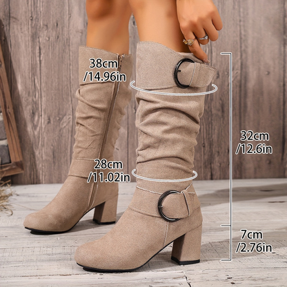 Boots femme hautes à talon bloc et double boucle