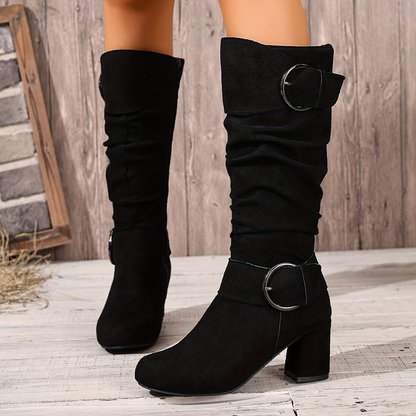 Boots femme hautes à talon bloc et double boucle – Noir
