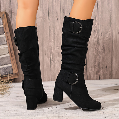 Boots femme hautes à talon bloc et double boucle