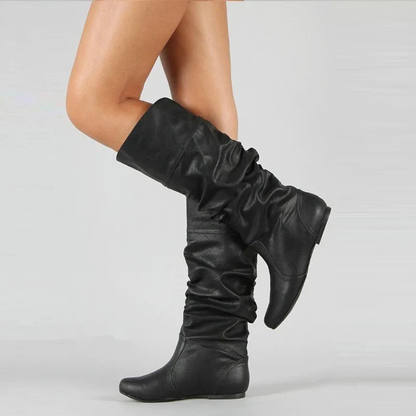 Boots femme mi-mollet à enfiler et semelle plate – Noir