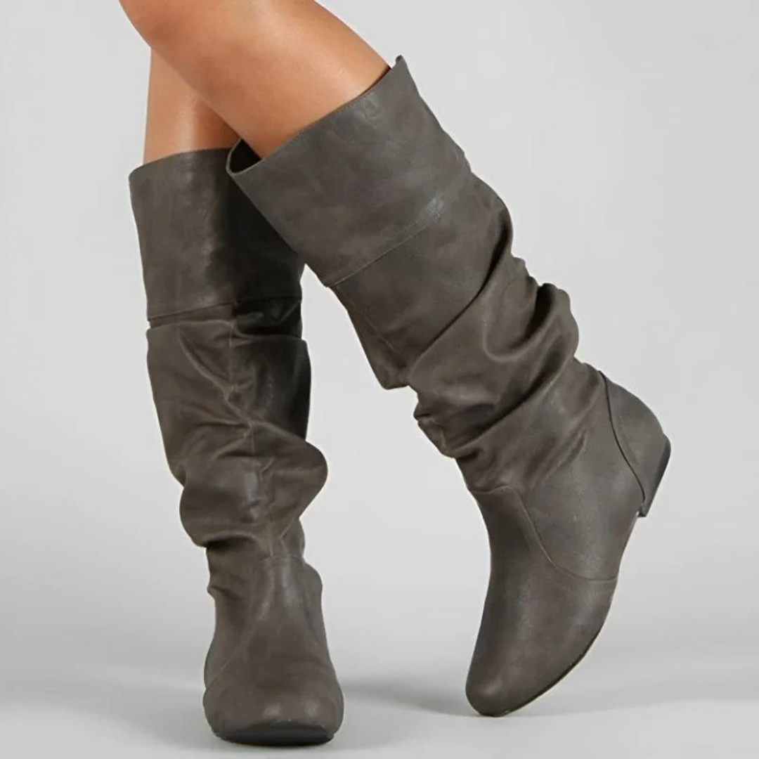 Boots femme mi-mollet à enfiler et semelle plate – Gris