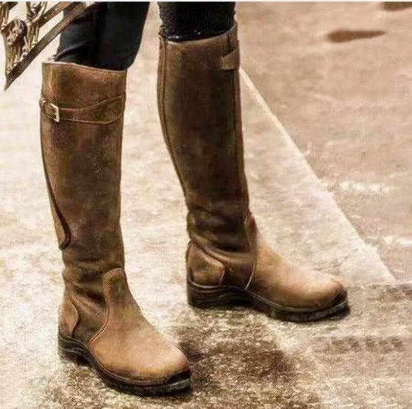 Bottes cavalières femme hautes à petit talon bloc – Marron
