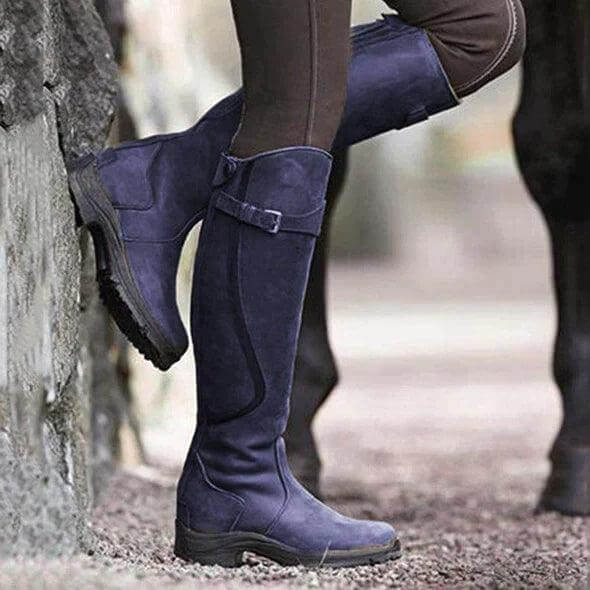 Bottes cavalières femme hautes à petit talon bloc – Bleu indigo