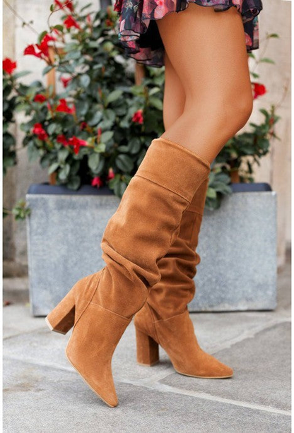 Bottes hiver femme effet daim à talon bloc et tige froncée – Marron