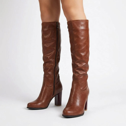 Bottes marron femme hautes à talon bloc et plateforme – Marron