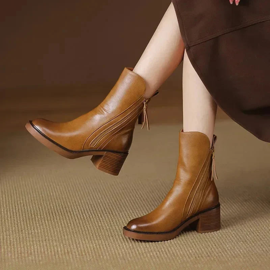 Bottines femme à plateforme, talon bloc et pampilles – Marron