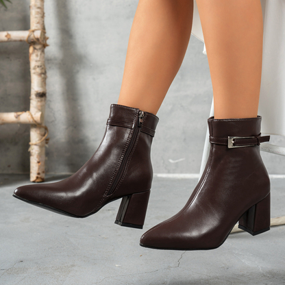 Bottines femme effet daim à bout pointu et talon bloc – Marron