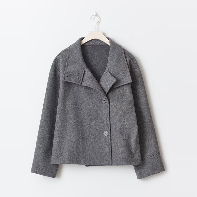 Caban femme court à col haut et fermeture boutonnée – Gris foncé