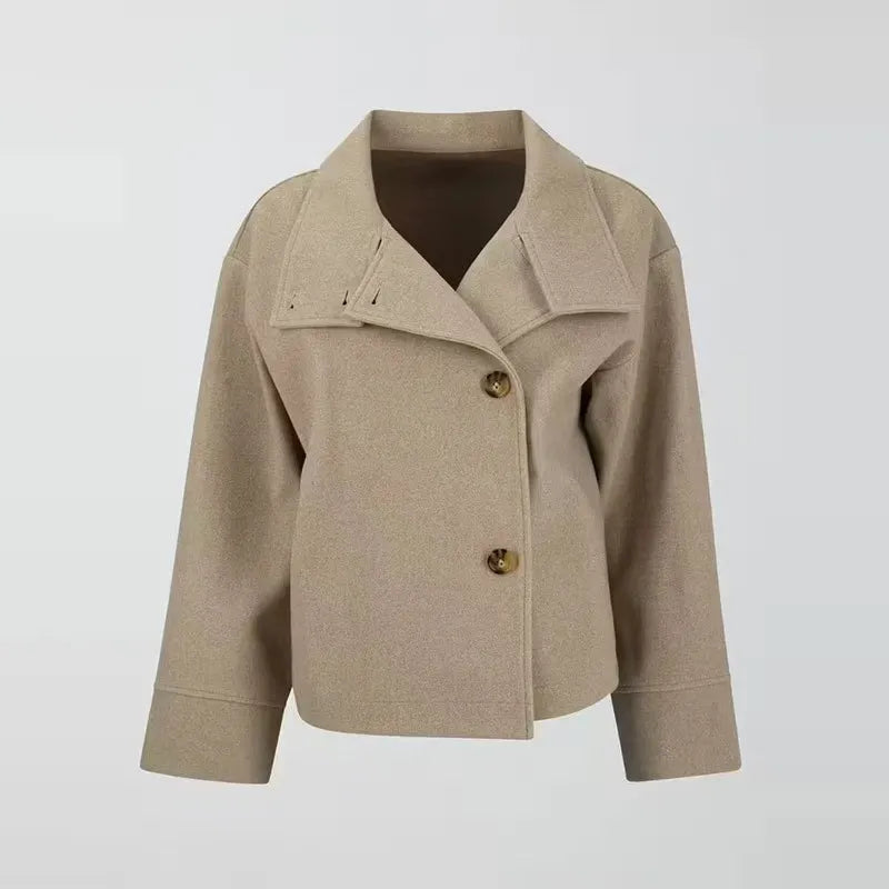 Caban femme court à col haut et fermeture boutonnée – Beige