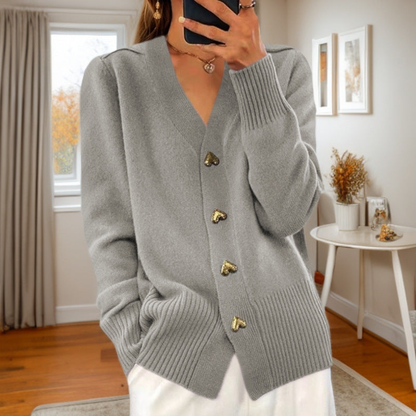 Cardigan femme col V à boutons dorés et poches – Gris